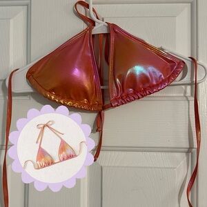 Shiny Holographic Coral Pink Triangle String Bikini Top Size L